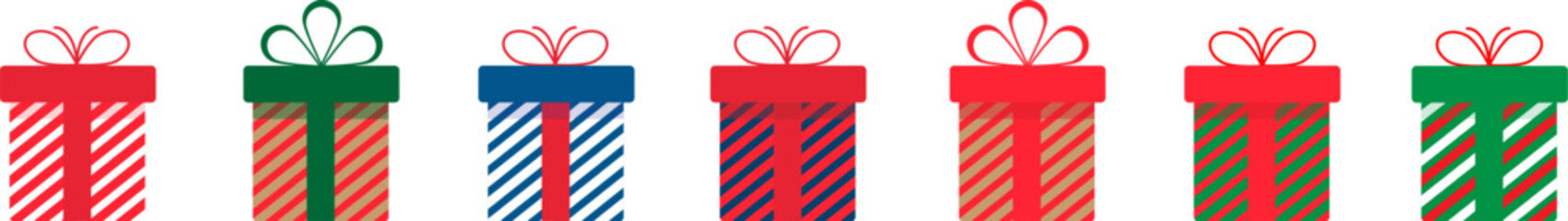 Set of christmas gift boxes with ribbons and bows.A pile of christmas gift boxes.Presents in colorful wrapping with ribbons.Gift boxes stack in flat style.