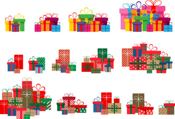 Set of christmas gift boxes with ribbons and bows.A pile of christmas gift boxes.Presents in colorful wrapping with ribbons.Gift boxes stack in flat style.