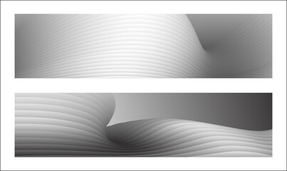 Monochrome cover design, abstract background. Wavy silver parallel gradient lines, ribbons, silk. Set of 2 backgrounds. Black and white with shades of gray banner, poster. eps vector