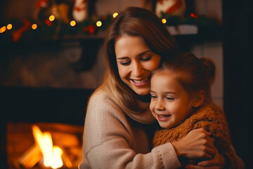 Mother hugging her daughter on winter evening by fireplace, closeup. Winter or Christmas concept - obrazy, fototapety, plakaty