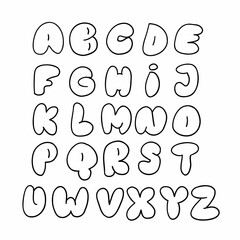 Outline bubble black english A to Z alphabet latin abc font collection. Vector illustration in doodle hand written style isolated on white background. For kids book, card, naming, logo, school, menu.