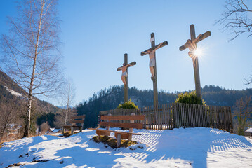 calvary hill with three crosses, winter landscape Birkenstein, Fischbachau