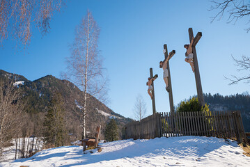 calvary hill with three crosses, winter landscape Birkenstein, Fischbachau