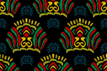 Ethnic pattern Mayan bird tropical flower Ikat embroidery seamless border.Aztec tribal Abstract Ethnic pattern seamless background African Ikat Mexican style.Hand drawn Vector illustration.