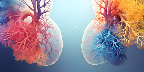 Colorful illustration of human lungs and bacteria infect the organ Health concept, The lungs enveloped in plants and flowers of bright colors health concept background, lungs anatomy, generative AI


