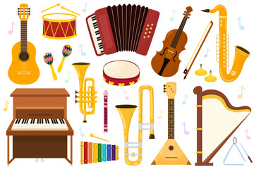 Musical instruments set. Collection with doodle music elements in cartoon style. Vector illustration - obrazy, fototapety, plakaty