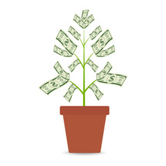 Money Tree Plant with Dollar Banknote. Business Profit Growing with Passive Income. Growing Money, Saving and Investment Concept. 