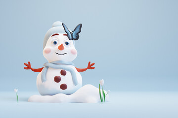 Cute cartoon snowman looking on butterfly. Waiting for spring beginning. 3d render