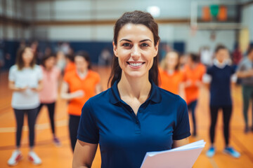 Portrait of physical education female teacher in a gym hall smiling and holding a clipboard with pupils in the background