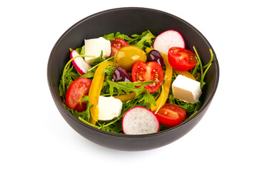 Vegetable salad with feta cheese, tomatoes, isolated on white background. High resolution image.