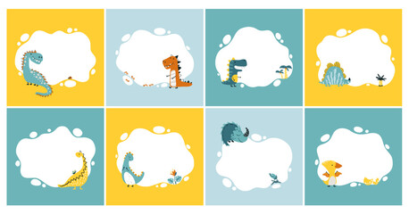 Dino set of frames for photos, templates for text or invitations. Vector illustration of funny cartoon characters in a colorful palette. Doodle in a hand-drawn Scandinavian style. Cute heroes. © Svitlana Kharchuk
