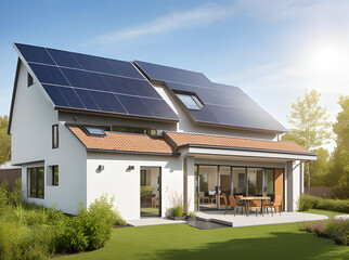 New suburban house with a photovoltaic system on the roof. sunshine 
