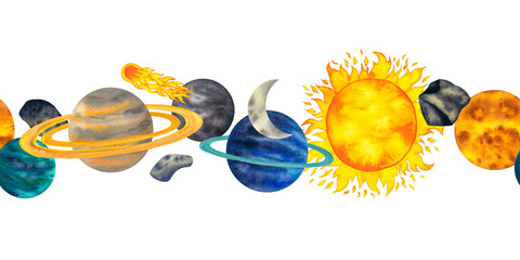 Watercolor space seamless border with planets of the solar system mercury, venus, earth, mars, jupiter, saturn, uranus, neptune, luna, comet, asteroid, stars. Background with cartoon planet and the © Freshinglights