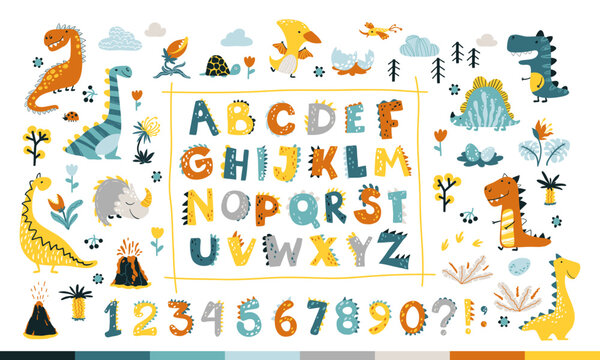 Dino collection with alphabet and numbers. Funny comic font in simple hand drawn cartoon style. Various dinosaur characters. Colorful isolated doodles on a white background.