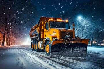 Snow Plow On a Snowy Winters Road at Night