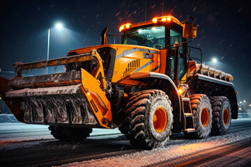 Fototapeta premium Snow Plow On a Snowy Winters Road at Night