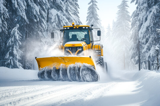 Snow Plow On a Snowy Winters Road at Day