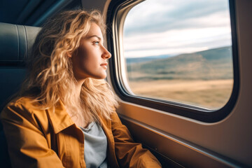 Woman on a train looking through the window with pensive look on her face. A travel concept, chasing her dreams