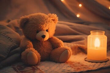 Cute teddy bear toy in a cozy tent with candlelight, perfect for a joyful camping