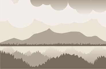 Vector illustration of beautiful brown mountain landscape and forest. sunrise and sunset in the mountains.