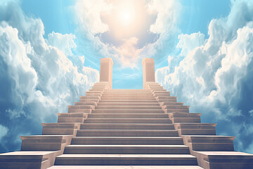 Staircase in the clouds leading to heaven with rays of light
