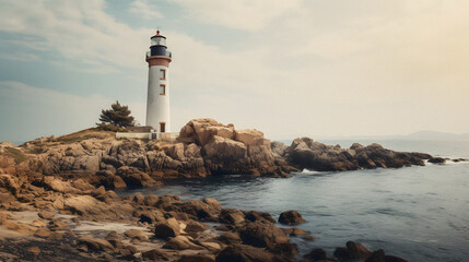 Charming Old Lighthouse Standing Tall by the Rocky Coastline, Enhanced with Cool and Muted Tones to Evoke a Nostalgic and Maritime Aura