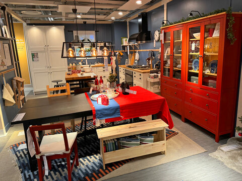 Ikea showroom with modern furniture in Ikea store in Stoughton, Massachusetts MA, USA. 