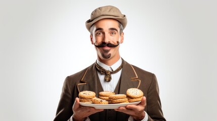 A man with a mustache holding a plate of cookies