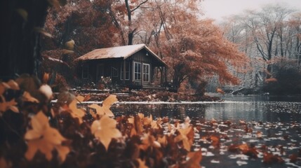 A cabin sitting on top of a lake surrounded by trees