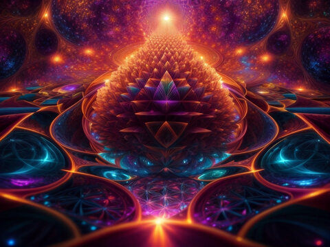Abstract psychedelic art, awakening of consciousness, pineal gland, enlightenment. Dmt, acid, sacred geometry background.