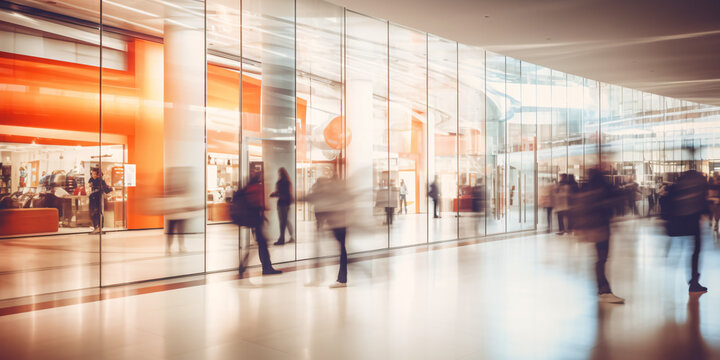 A modern shopping center with fast moving people with a blurred environment effect representing the speed of the action. Abstract blurred image background. digital Ai