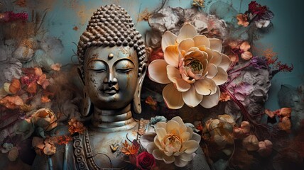 abstract, beautiful Magical, Mystical image of a buddha, painted metal, weathered, flowers, birds, beautiful auro of peaceful energy all around , generated by AI