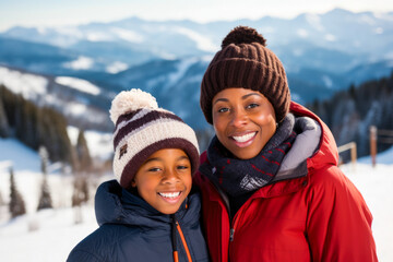 Fototapeta na wymiar Happy African American mother with son smiling at a ski resort in winter clothes view of mountains and snow in the background winter snow