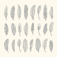 a collection of feathers drawn in black and white