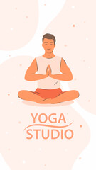 Yoga studio. Man in yoga posture doing meditation, mindfulness practice, spiritual discipline. Vector illustration.