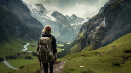 A woman with a backpack is hiking in the Swiss mountains, ai generative