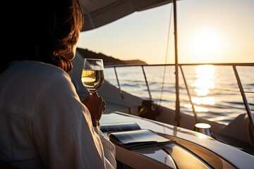 Naklejka premium A woman enjoys a sunset by the sea, holding a wine glass, epitomizing summer relaxation.