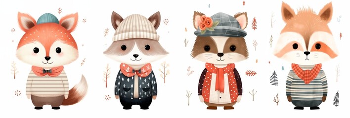 Set of 4 cute forest animals in hats: raccoon, fox, bear.  Characters in children's books style, illustrations for textile or printing design