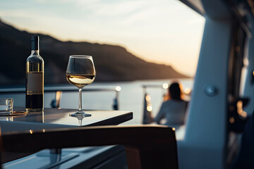 Sunset wine affair: Romantic summer by the sea, celebrating with glasses, luxury, and a coastal view. - obrazy, fototapety, plakaty