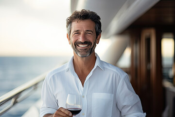 A mature man on a yacht, embodying leisure and taste, savors a red wine with a happy smile.