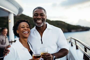 A happy, mature couple enjoys togetherness, smiles, and a romantic moment with wine outdoors, embracing the joy of life.
