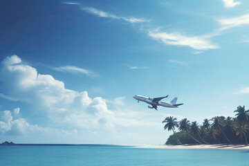 Fototapeta na wymiar A tropical travel scene unfolds as a plane approaches a paradise destination, capturing the allure of relaxation and vacation by the beach.