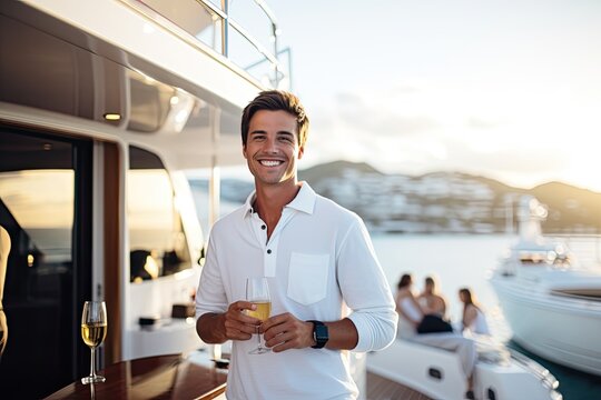 Sailing bliss: A happy, mature captain navigates the yacht, embodying summer leisure and nautical adventure.