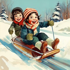 Children sledding down the hill, Retro illustration. Children play outside during the winter holidays. Holidays and childhood. postcard, banner