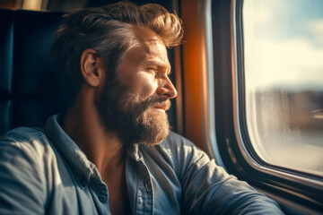 Fototapeta na wymiar Man on a train looking through the window with pensive look on his face. A travel concept, chasing his dreams