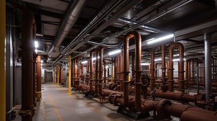 Fototapeta premium Wide-angle view of an underground natural gas storage facility with pipes.