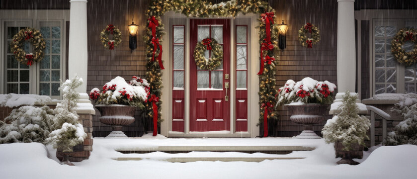 Snowy front door of house with christmas wreath and decorations.
