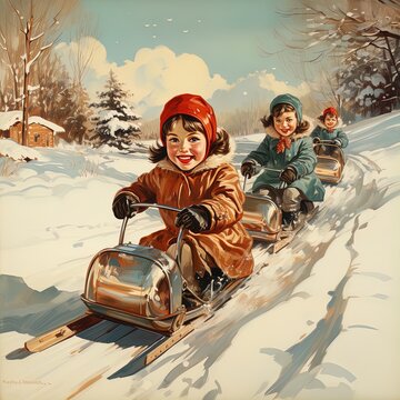 Children sledding down the hill, Retro illustration. Children play outside during the winter holidays. Holidays and childhood. postcard, banner