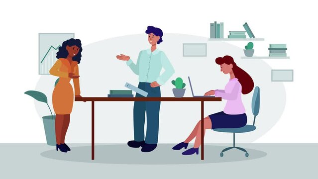 Group of diverse colleagues using laptops and making notes while analyzing charts on board while working in office together. 4K Resolution. 2D Animation.