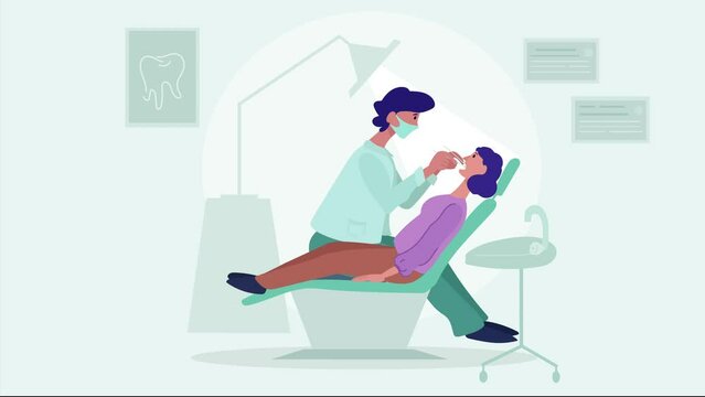 Dentist's office, dental treatment patient in the chair. The doctor 
who performs local anesthesia makes an injection into the mouth. The cartoon straight concept of dentistry, dental care.  2d Anima